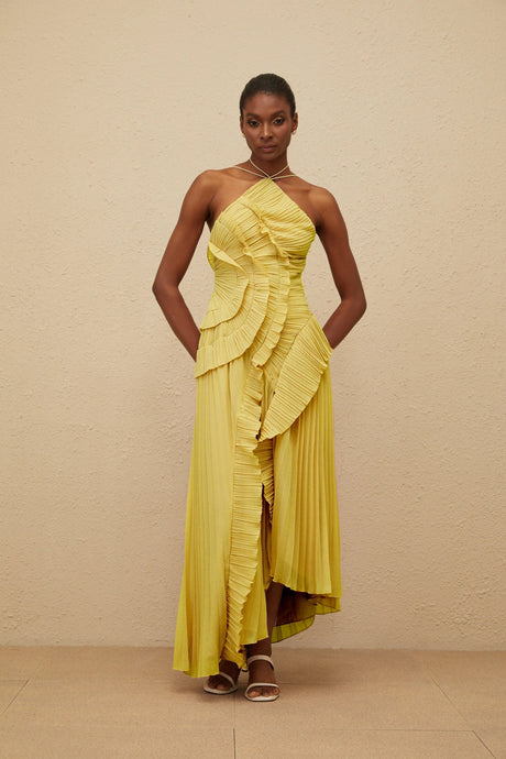 Katherine Midi Dress Yellow Ruffled Trim Pleated