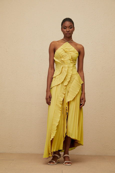 Katherine Midi Dress Yellow Ruffled Trim Pleated