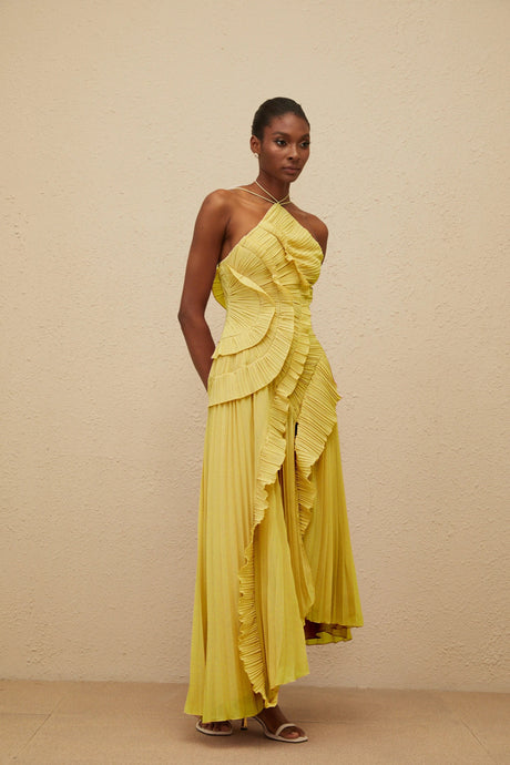 Katherine Midi Dress Yellow Ruffled Trim Pleated