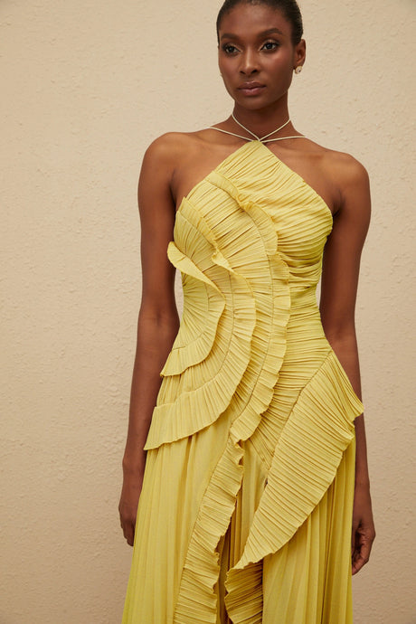 Katherine Midi Dress Yellow Ruffled Trim Pleated