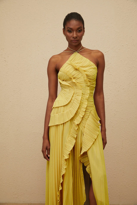 Katherine Midi Dress Yellow Ruffled Trim Pleated