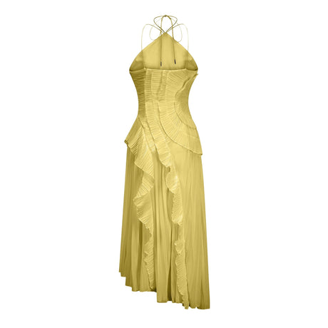 Katherine Midi Dress Yellow Ruffled Trim Pleated
