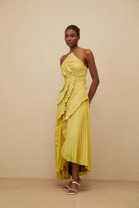 Katherine Midi Dress Yellow Ruffled Trim Pleated