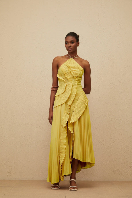 Katherine Midi Dress Yellow Ruffled Trim Pleated