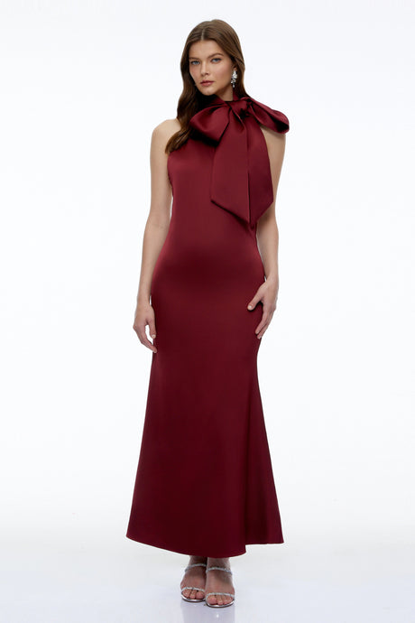 Celestina Maxi Dress Burgundy Halterneck with Bow
