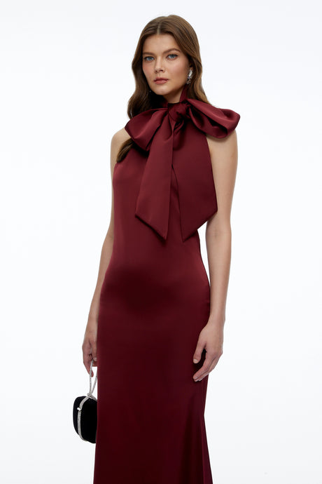 Celestina Maxi Dress Burgundy Halterneck with Bow