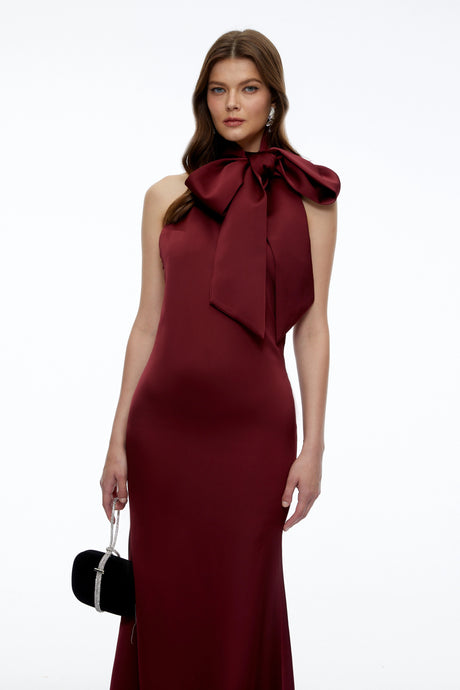 Celestina Maxi Dress Burgundy Halterneck with Bow
