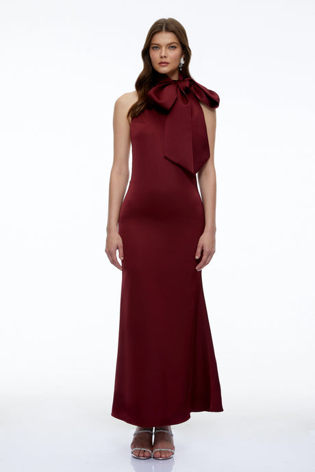 Celestina Maxi Dress Burgundy Halterneck with Bow