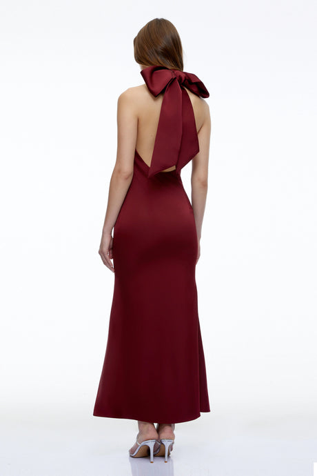 Celestina Maxi Dress Burgundy Halterneck with Bow