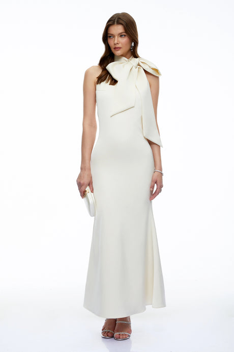 Madeline Maxi Dress Neutral Halterneck with Bow