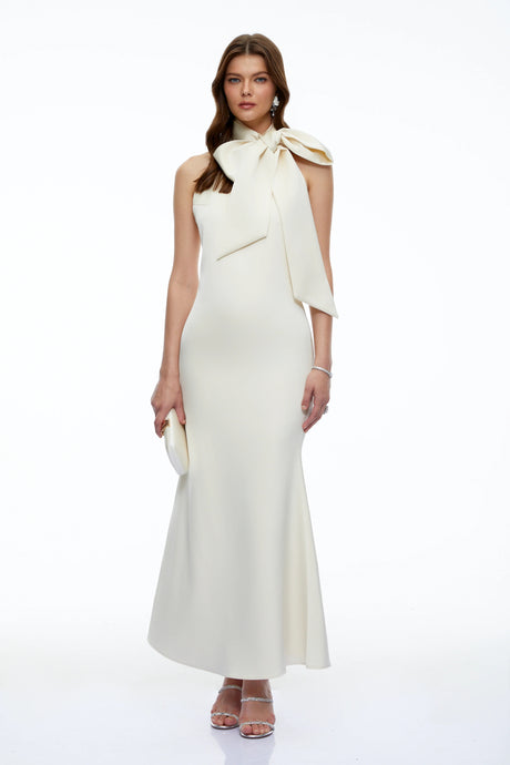 Madeline Maxi Dress Neutral Halterneck with Bow