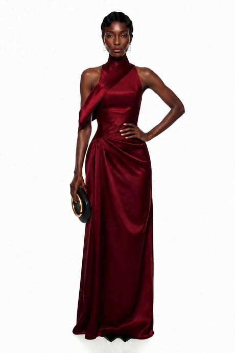 Maddalena Maxi Dress Red Halterneck Asymmetrical