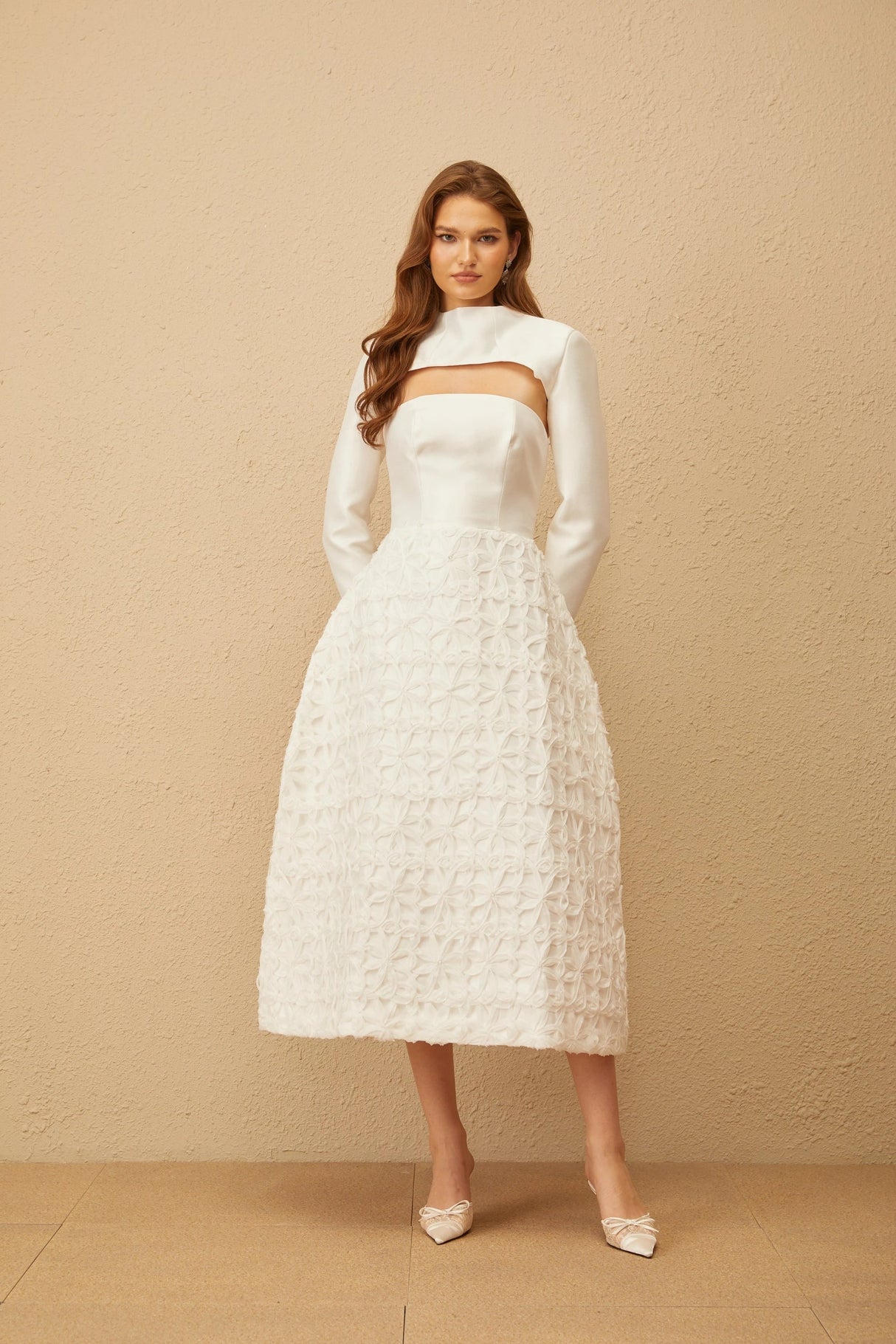 Dulcie White Floral Jacquard Shawl  Dress Set