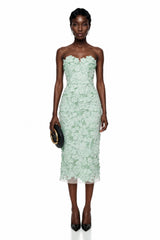 Duygu Green Off Shoulder Midi Dress with 3D Florals