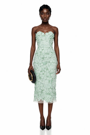Duygu Green Off Shoulder Midi Dress with 3D Florals