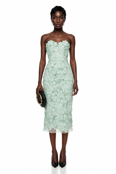 Giuliana Midi Dress Green Off Shoulder with 3D Florals