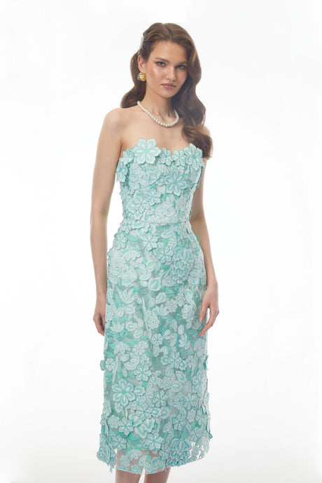 Lillian Midi Dress Green Off Shoulder with 3D Florals