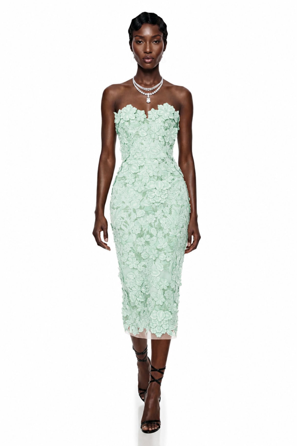 Duygu Green Off Shoulder Midi Dress with 3D Florals