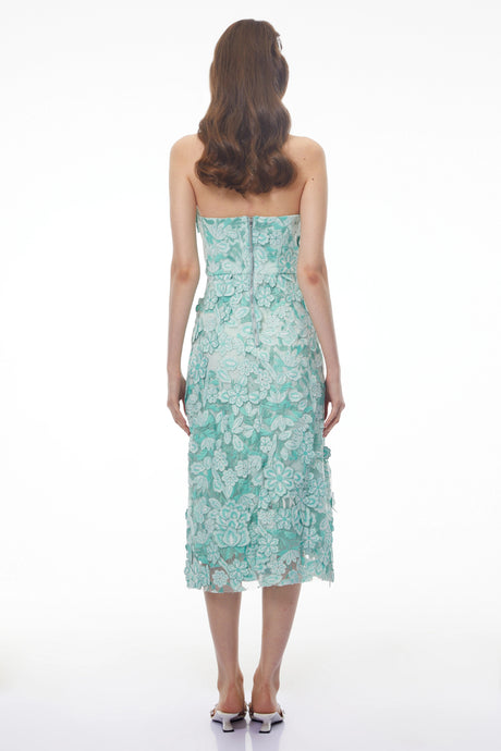 Lillian Midi Dress Green Off Shoulder with 3D Florals