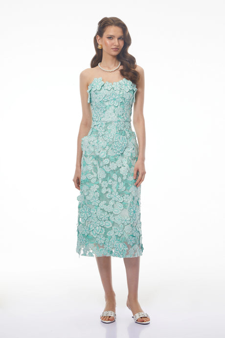 Lillian Midi Dress Green Off Shoulder with 3D Florals