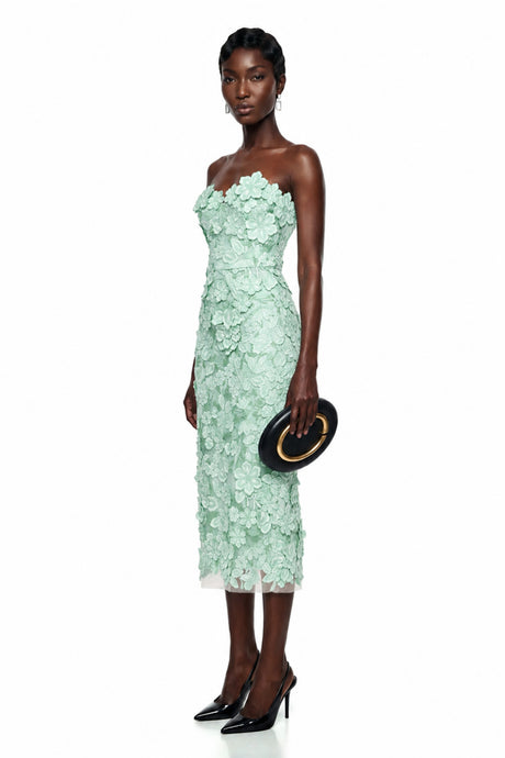 Giuliana Midi Dress Green Off Shoulder with 3D Florals