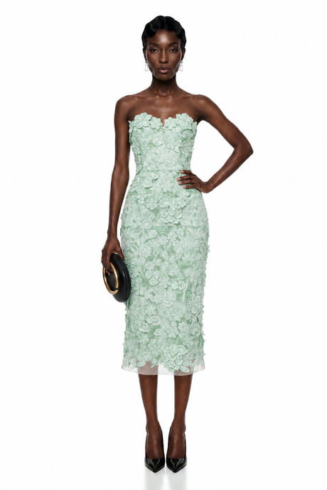 Giuliana Midi Dress Green Off Shoulder with 3D Florals