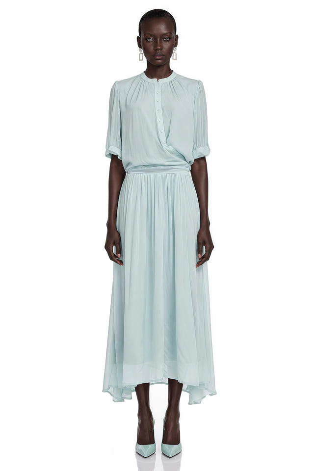 Duygu Light Mint Asymmetrical Pleated Maxi Dress