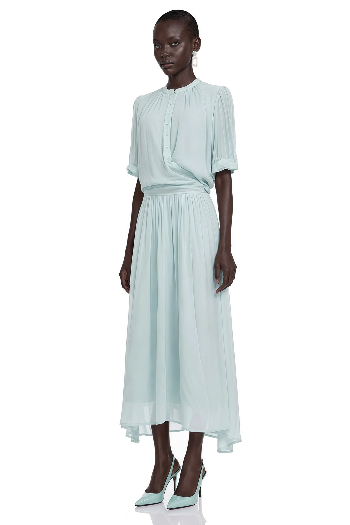 Duygu Light Mint Asymmetrical Pleated Maxi Dress