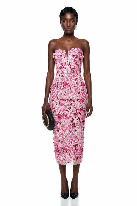 Flaminia Midi Dress Pink Off Shoulder with 3D Florals