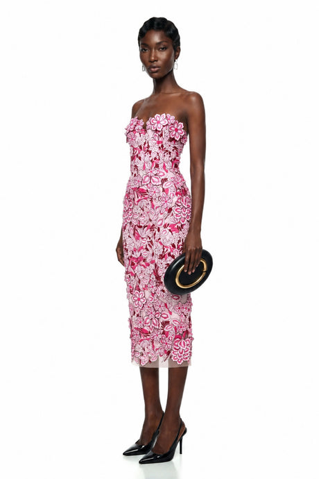 Flaminia Midi Dress Pink Off Shoulder with 3D Florals