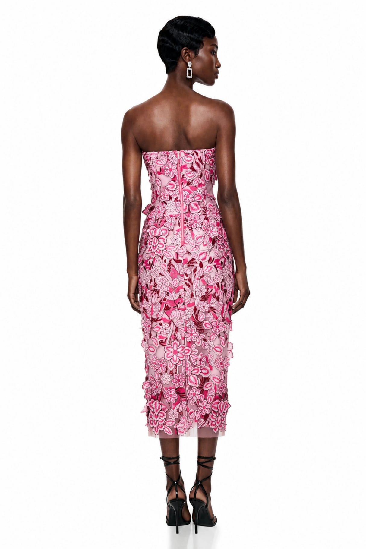 Duygu Pink Off Shoulder Midi Dress with 3D Florals