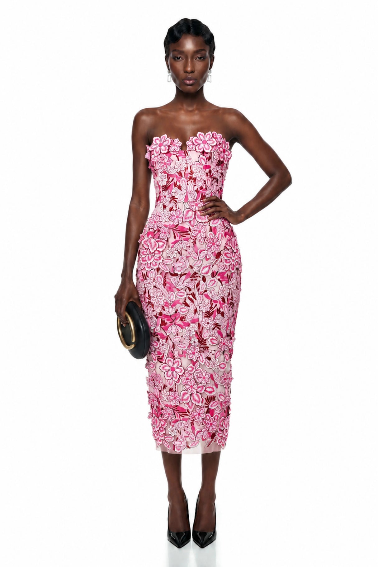 Duygu Pink Off Shoulder Midi Dress with 3D Florals