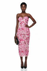 Duygu Pink Off Shoulder Midi Dress with 3D Florals
