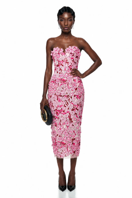 Flaminia Midi Dress Pink Off Shoulder with 3D Florals