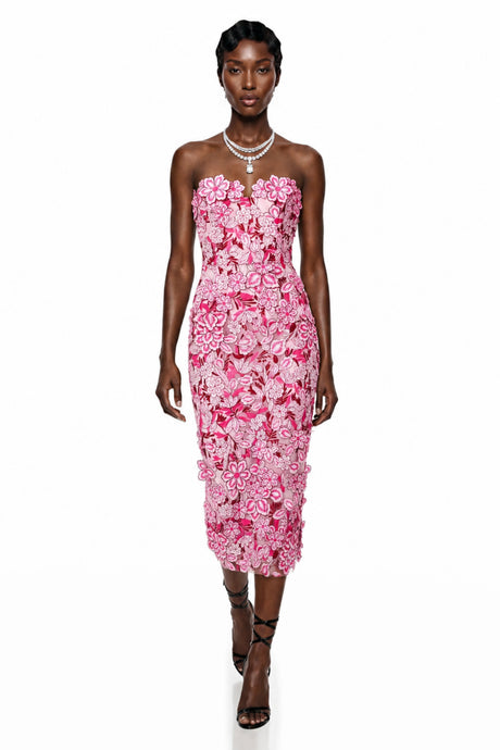 Flaminia Midi Dress Pink Off Shoulder with 3D Florals