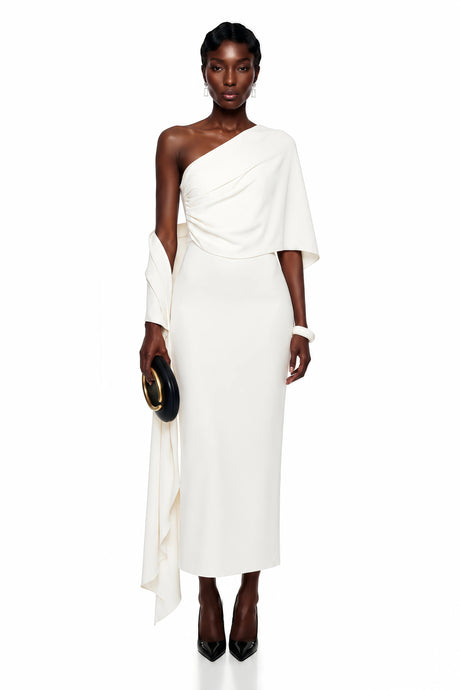 Gemma Midi Dress White Asymmetrical Ruched