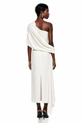 Duygu White Asymmetrical Ruched Midi Dress