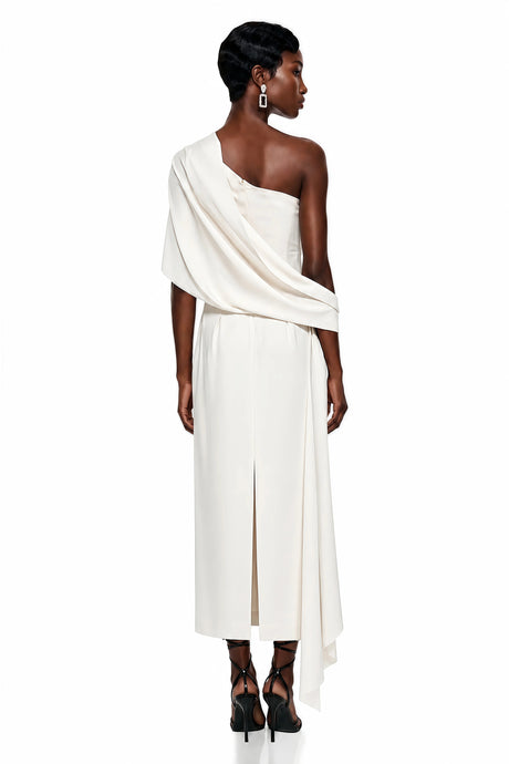 Gemma Midi Dress White Asymmetrical Ruched
