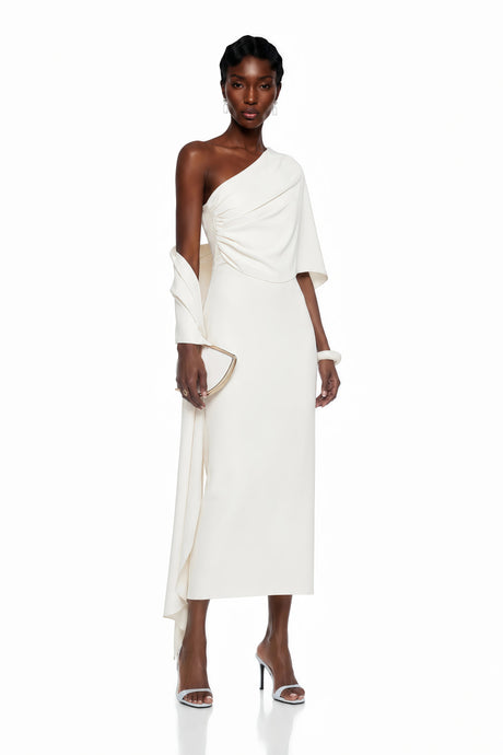 Gemma Midi Dress White Asymmetrical Ruched