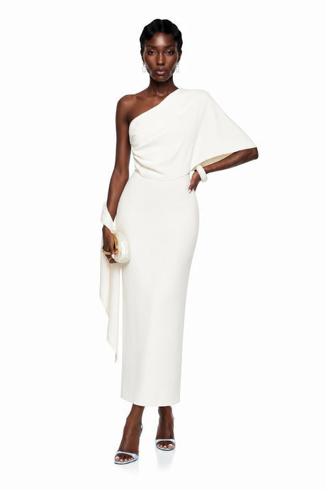 Gemma Midi Dress White Asymmetrical Ruched