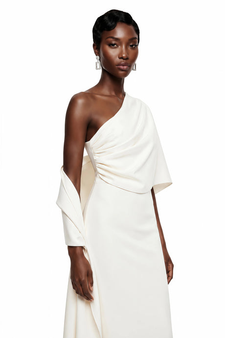 Gemma Midi Dress White Asymmetrical Ruched