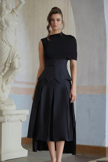 Lorelai Midi Dress Black Asymmetrical Shawl Layered