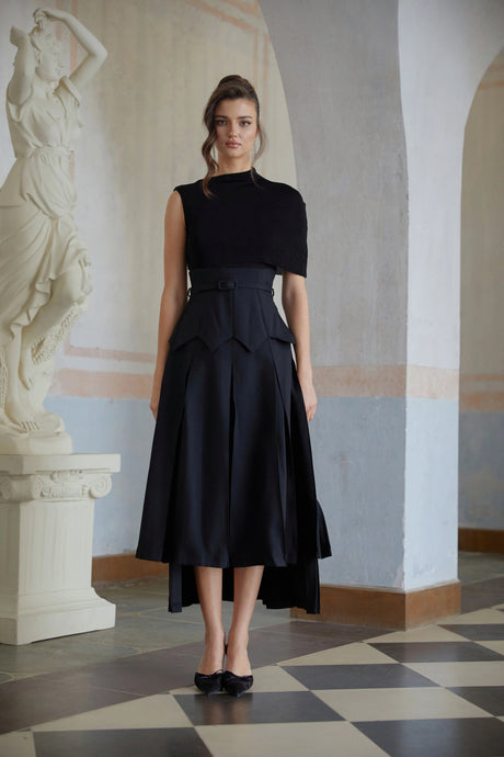 Lorelai Midi Dress Black Asymmetrical Shawl Layered
