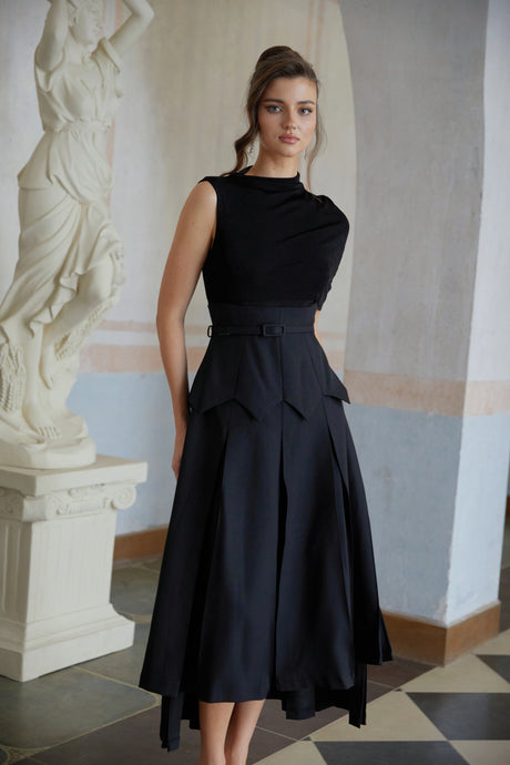 Lorelai Midi Dress Black Asymmetrical Shawl Layered