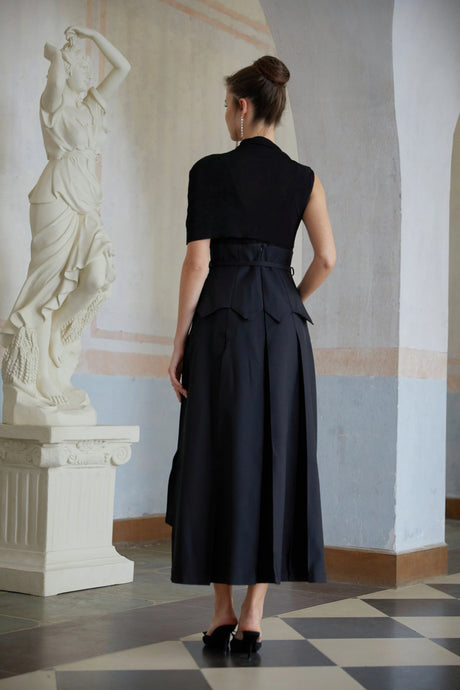 Lorelai Midi Dress Black Asymmetrical Shawl Layered