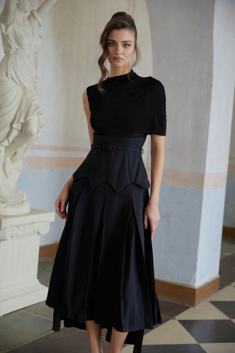 Lorelai Midi Dress Black Asymmetrical Shawl Layered