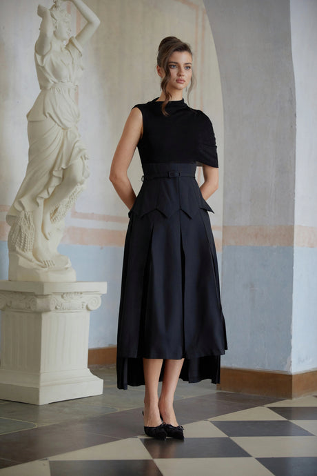 Lorelai Midi Dress Black Asymmetrical Shawl Layered