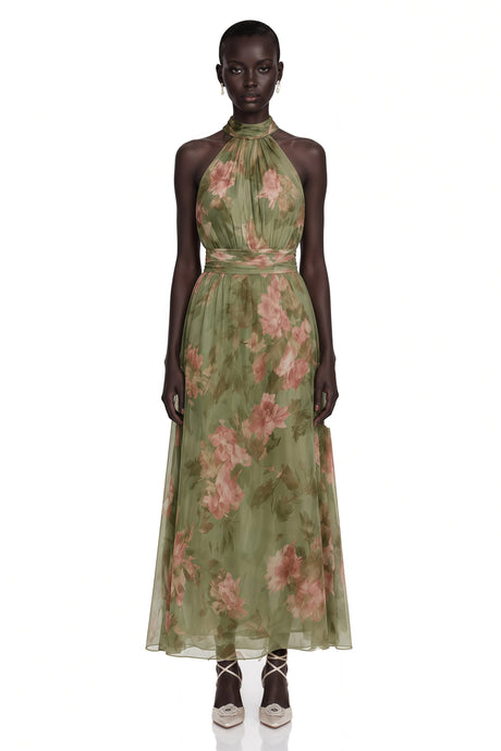 Franceschina Maxi Dress Green Mock Neck Ruched with Floral Print