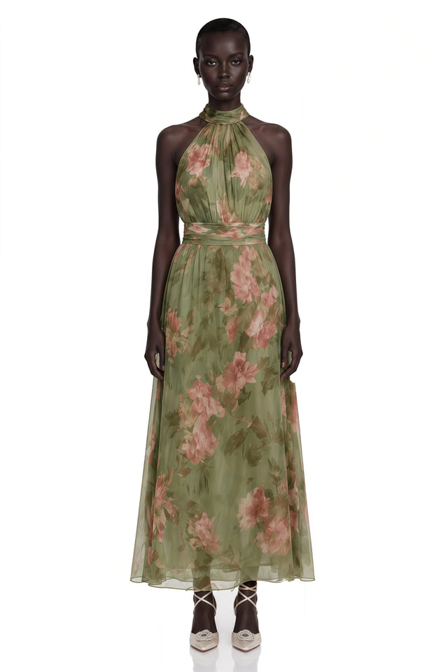 Ecem Green Mock Neck Ruched Maxi Dress with Floral Print
