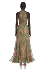 Ecem Green Mock Neck Ruched Maxi Dress with Floral Print